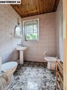 La salle de bains est pourvue d'un lavabo et de toilettes. dans l'établissement Duży Domek Nad Jeziorem - Kretowiny 64, à Kretowiny