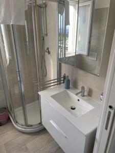 y baño con lavabo blanco y ducha. en borgoAmare zagar&trabocchi, en Marina di San Vito