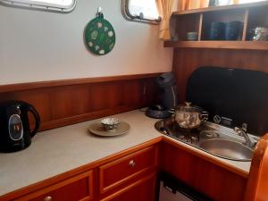 een kleine keuken met een fornuis en een wastafel bij Motor Yacht Amazone in Amsterdam