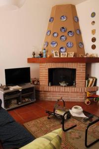 een woonkamer met een open haard en een televisie bij Da Mariuccia in Rivalta Scrivia