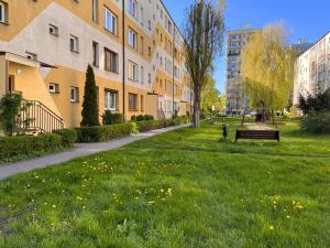 park z ławką w trawie obok budynków w obiekcie Apartament Ślęczka w Zabrzu