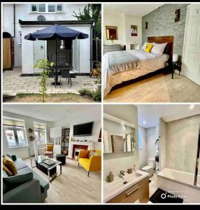three pictures of a bedroom and a living room at Entire 3 Bed House Weybridge Brooklands, London in Byfleet