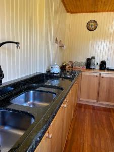 eine Küche mit einer Spüle und einer Arbeitsplatte in der Unterkunft Mountain House in Bom Jardim da Serra
