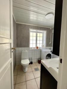 a bathroom with a white toilet and a sink at Idyllic small farm appartment in Tønsberg