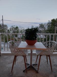 a table with a potted plant on a balcony at Zorbas in Sougia