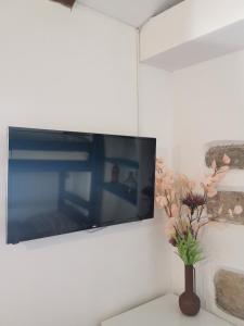 a tv hanging on a wall with a vase of flowers at Apartment Camerin in Koper