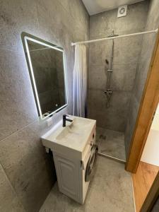 a bathroom with a sink and a shower and a mirror at Airport Apartment 29 Self Check-In Free parking in Vilnius