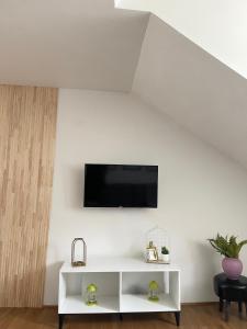 een woonkamer met een tv aan een witte muur bij Troisieme du nom in Nevers