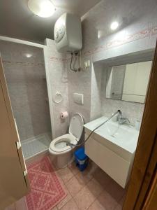 bagno con servizi igienici, lavandino e specchio di Casa Maria a Portoferraio