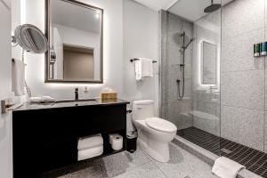 La salle de bains est pourvue d'un lavabo, de toilettes et d'une douche. dans l'établissement Hébergement touristique ▐ 335 Saint Joseph E▐, à Québec