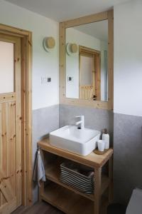 uma casa de banho com um lavatório branco e um espelho. em Nie Przeciągaj Struny em Zwierzyń