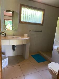 een badkamer met een wastafel, een spiegel en een toilet bij Posada Nena Caribe in Puerto Viejo