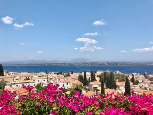 a view of a city with pink flowers at Spetses Cozy Villa in Spetses