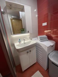 a bathroom with a sink and a toilet and a mirror at Apartment Lena in Vodice