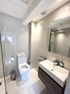 a bathroom with a toilet and a sink and a mirror at Modern 1 Bedroom flat close to Vauxhall in London