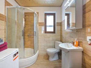 W łazience znajduje się prysznic, toaleta i umywalka. w obiekcie Domki w Bieszczadzkiej Dolinie w mieście Ustrzyki Dolne