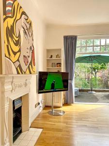 a living room with a television and a fireplace at Amazing holidays home with a terrace in London