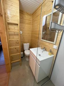 y baño con aseo, lavabo y espejo. en Casa da Praia, en Carvalhal