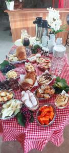 a picnic table with food on a red and white checked table cloth at Casarão Biazolli in Farroupilha