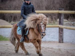 Une jeune fille faisant un cheval sous la pluie dans l'établissement Holiday home KARLSKRONA IV, à Karlskrona