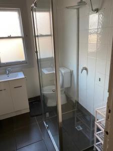 a bathroom with a shower and a toilet and a sink at 50 Green St Windsor in Melbourne