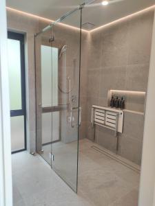 a shower with a glass door in a bathroom at Tussock Hill Vineyard Retreats in Christchurch
