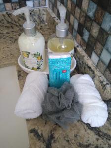 a bathroom counter with two bottles of soap and towels at Splendid Sensation in Florence Hall