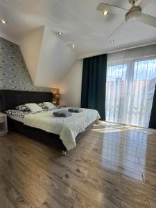 a bedroom with a bed and a large window at Helios in Ustka