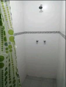 y baño con ducha y cortina de ducha. en Hospedaje Sumita Wasi, en Puno