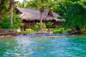 una casa con palmeras y una piscina de agua en The Sleepy Lagoon Beach House, en Hitokalak