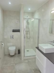 La salle de bains est pourvue d'une douche, de toilettes et d'un lavabo. dans l'établissement Bas de villa au calme, à Marseille