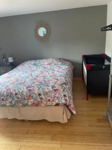 Dormitorio con cama con colcha colorida y espejo en Maison du bonheur, en Saint-Mards-de-Fresne