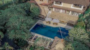 an overhead view of a swimming pool with two umbrellas at Artini 2 Cottage Ubud in Ubud