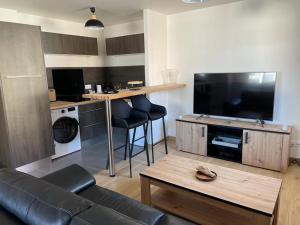 salon z kanapą, stołem i telewizorem w obiekcie La maison Baz w mieście Deauville