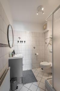 y baño con aseo, lavabo y espejo. en Modernes Apartment am Campus - Parken - Smart-TV - Kaffeevollautomat, en Wernigerode