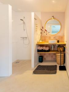 a bathroom with a sink and a mirror at De Duinlopers - Studio appt Bries - Duinen, strand en nabij cultuur steden in Castricum