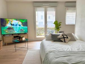 a living room with a bed and a flat screen tv at La Voulzie Appartement - Proche centre avec parking privé in Provins +31 photos
