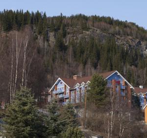 eine Gruppe von Häusern auf einem Hügel mit Bäumen in der Unterkunft Thon Hotel Hallingdal in Ål