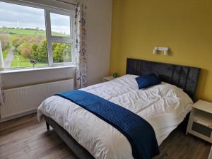 a bedroom with a bed with a blue blanket and a window at Woodhill Lodge Irvinestown, Necarne in Irvinestown