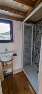La petite salle de bains est pourvue d'un lavabo et d'une douche. dans l'établissement Camping Les Granges Bas - Mobilhomes - Tiny House, à Gérardmer