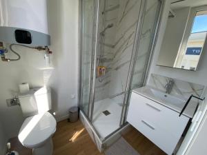 a bathroom with a shower and a toilet and a sink at Brown Cosy in Louviers