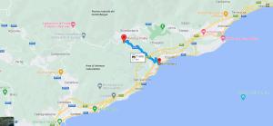una mappa del percorso di un viaggio in auto di Hotel La Pineta a Cogoleto