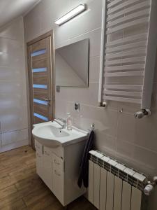 La salle de bains est pourvue d'un lavabo blanc et d'un miroir. dans l'établissement Wypoczynek w górach, à Węgierska Górka