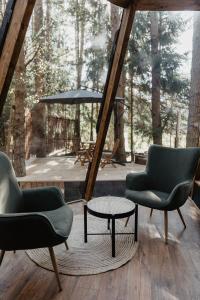two chairs and a table in a room with trees at CallTipi glass house in Kalgriaužiai