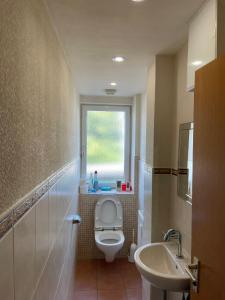 baño con aseo y lavabo y ventana en Sehr schöne Wohnung in 70839 Gerlingen in Deutschland en Gerlingen