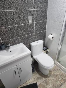 a bathroom with a white toilet and a sink at City Centre 2 Bed 2 Bath 5 guest with Cheapest overnight Car park in Leicester