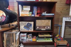 a book shelf with a tv on top of it at a quirky garden building in an orchard in Ryton