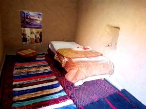 Dormitorio pequeño con cama y alfombra en LA PETITE MAISON DU LAC IRIKI, en Foum Zguid