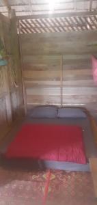 a small room with a red bed in it at Fandee Island - Mountain House - Tad Lo Bolaven Loop Pakse in Ban Kiangtat