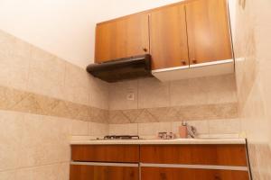 eine kleine Küche mit Holzschränken und einem Waschbecken in der Unterkunft Villa Chiara in Krnica